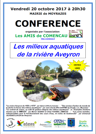 Conférence vendredi 20 octobre à 20h30 à la Mairie de Moyrazes ------> Les milieux aquatiques de la rivière Aveyron.  Toutes les infos utiles en cliquant sur l'affichette...