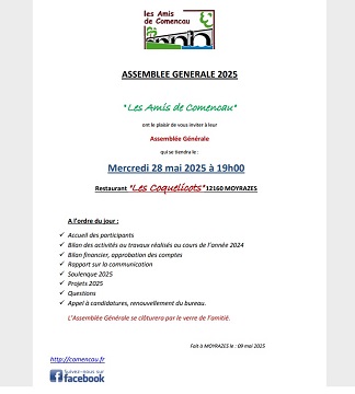 Assemblée Générale 2025 : elle aura lieu le mercredi 2025 à 19h00 au restaurant les Coquelicots à Moyrazes 12160. Entrée libre. pour toutes et tous...